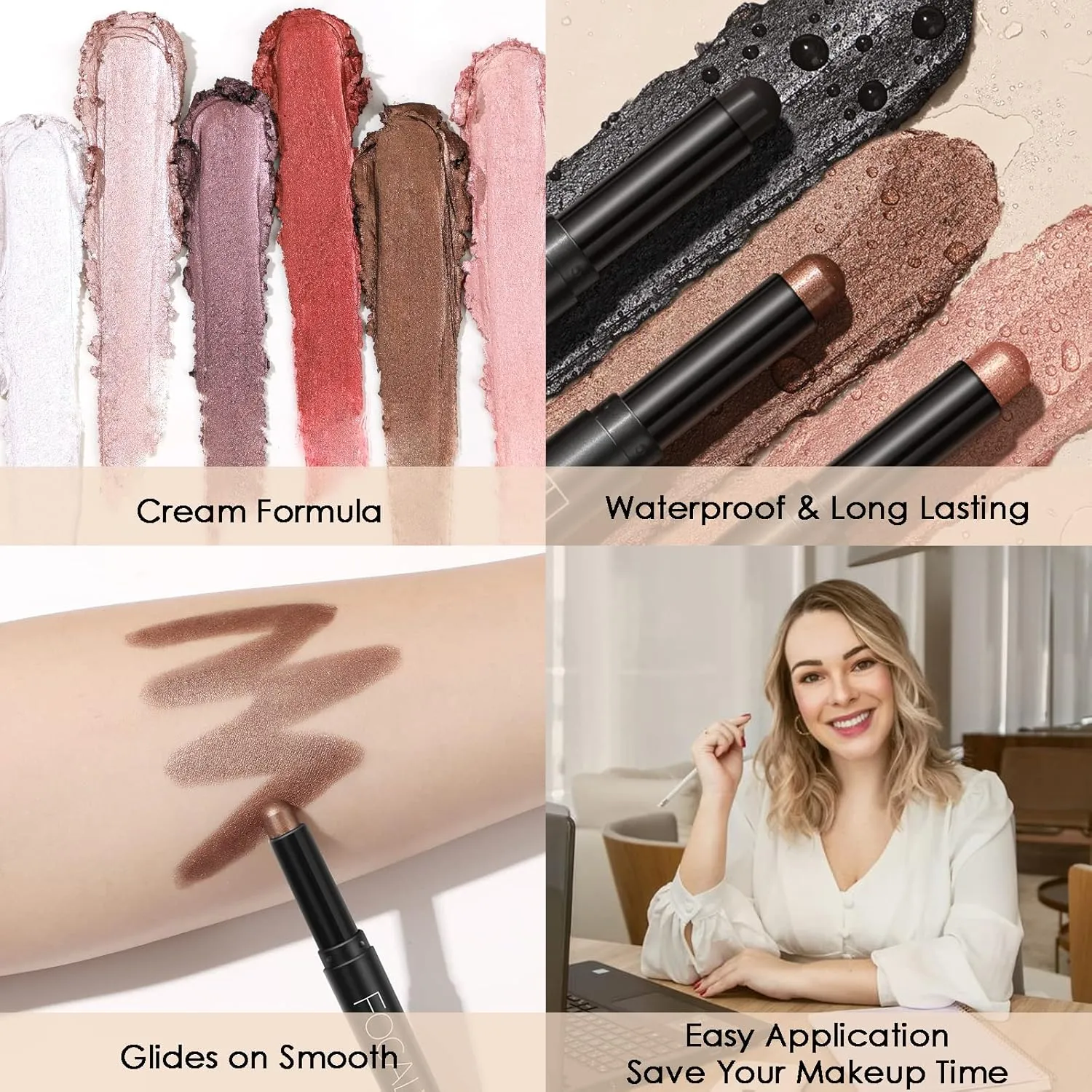 FOCALLURE 3 Pcs Cream Eyeshadow Stick,Shimmer Eyeshadow Pencil Crayon,High Pigmented Crease-proof Eye Shadow Brightener Stick Sets,Long Lasting Waterproof Eye Shadow Highlighter Stick Makeup,Coral Sea