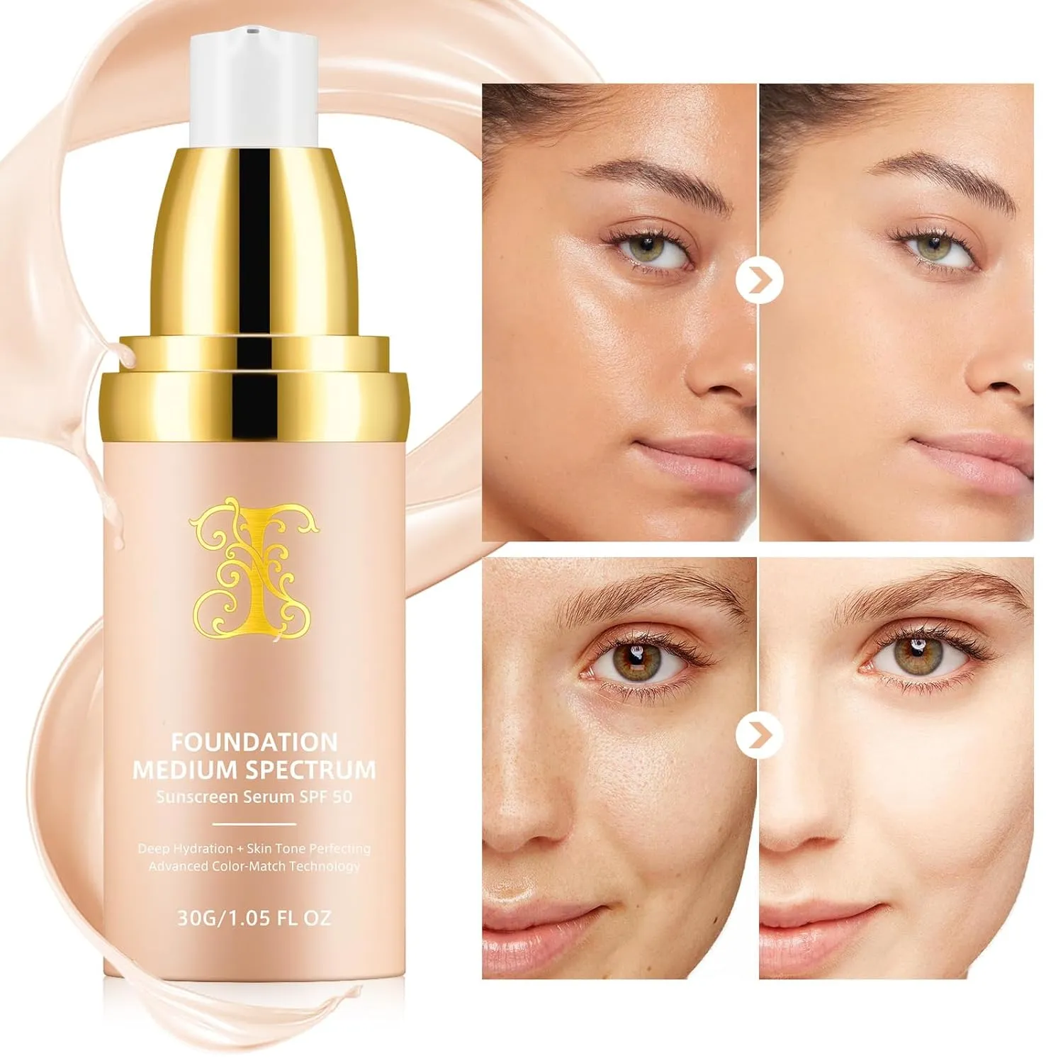 Foundation 4 in 1 - Medium Spectrum with SPF 50 , Anti-Aging, Concealer, Sun Protection, Hydrating Color Changing Foundation Makeup Liquid - Longwearing & Waterproof for Sport, Dancing (2PC, SPF50)