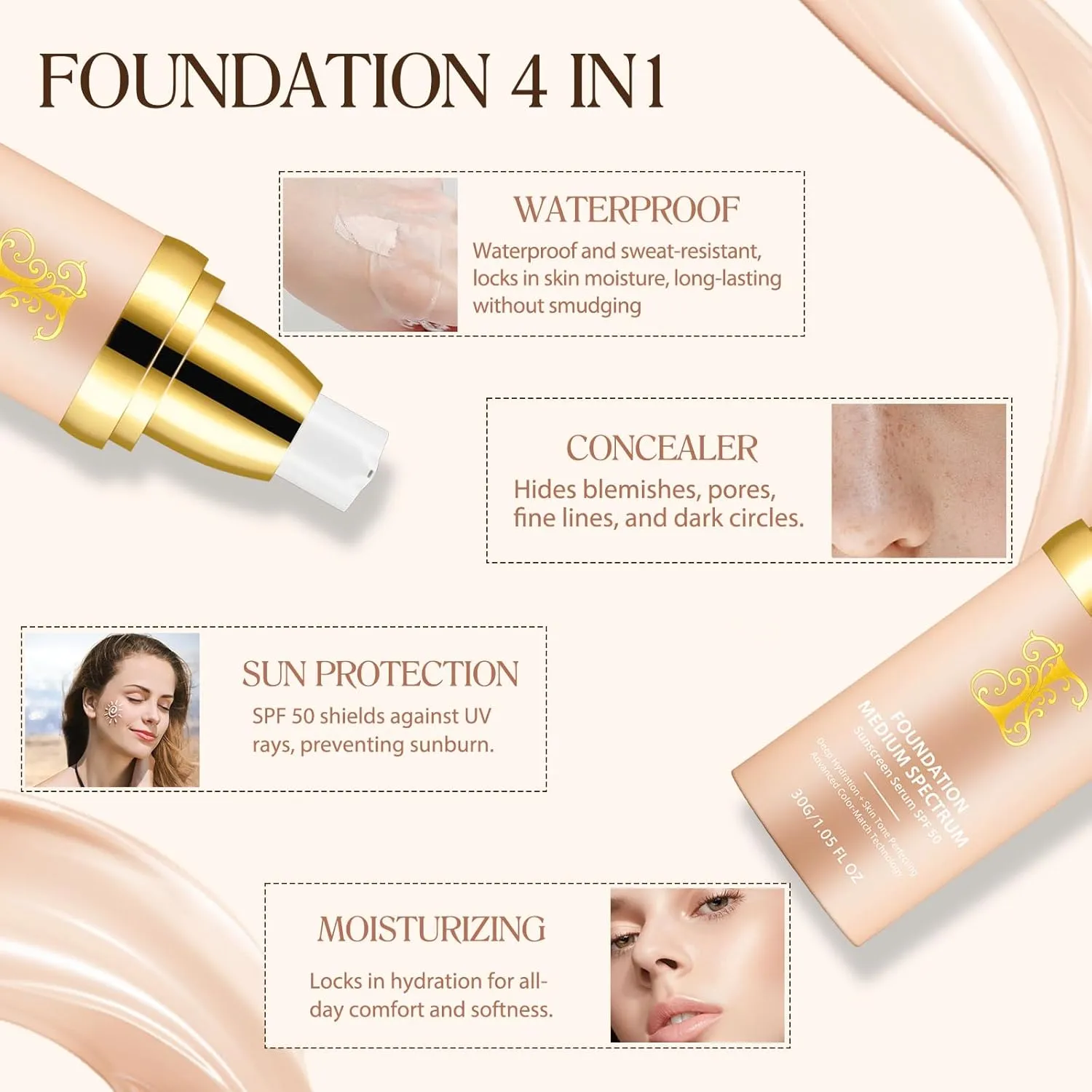 Foundation 4 in 1 - Medium Spectrum with SPF 50 , Anti-Aging, Concealer, Sun Protection, Hydrating Color Changing Foundation Makeup Liquid - Longwearing & Waterproof for Sport, Dancing (2PC, SPF50)