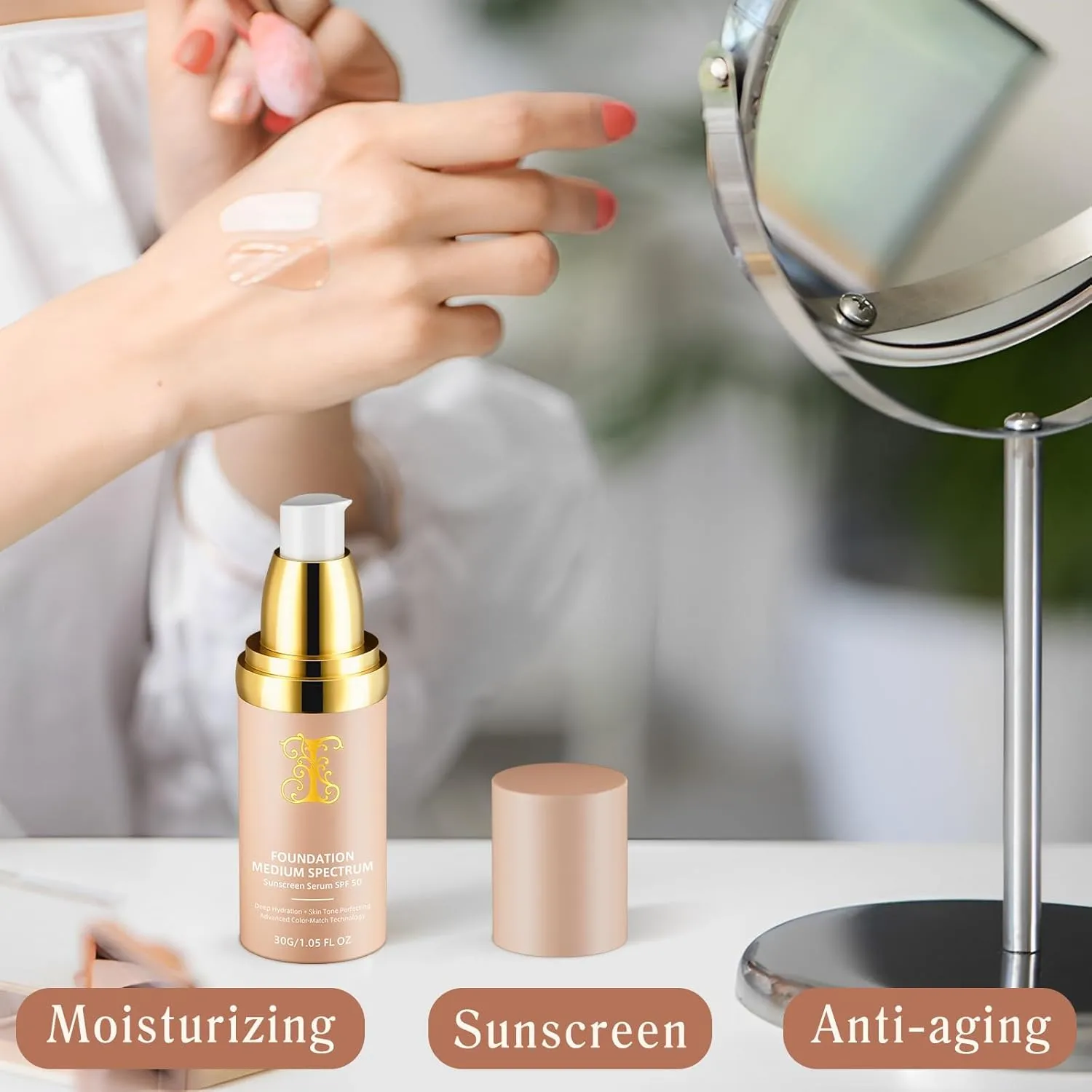 Foundation 4 in 1 - Medium Spectrum with SPF 50 , Anti-Aging, Concealer, Sun Protection, Hydrating Color Changing Foundation Makeup Liquid - Longwearing & Waterproof for Sport, Dancing (2PC, SPF50)