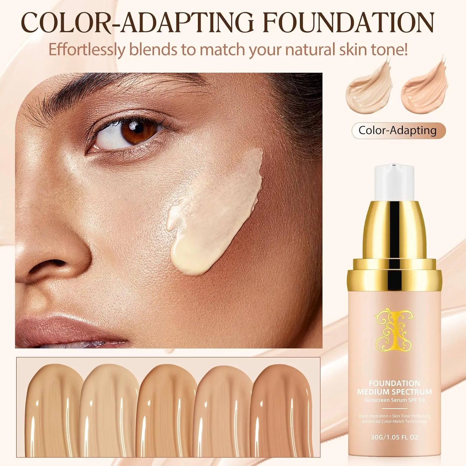 Foundation 4 in 1 - Medium Spectrum with SPF 50 , Anti-Aging, Concealer, Sun Protection, Hydrating Color Changing Foundation Makeup Liquid - Longwearing & Waterproof for Sport, Dancing (2PC, SPF50)