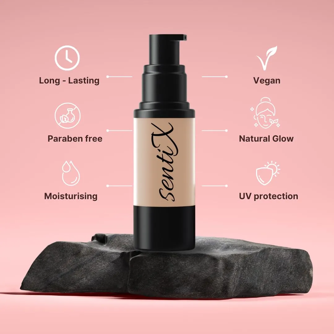 Foundation by Sentix, Cool Undertone, Oil-Free, HD Liquid, Natural Finish, Long Wearing, Smooth Finish, Blendable, Buildable, Vibrant, Moisturizing, Paraben-Free, 1 fl oz (Tan, 30 ml)