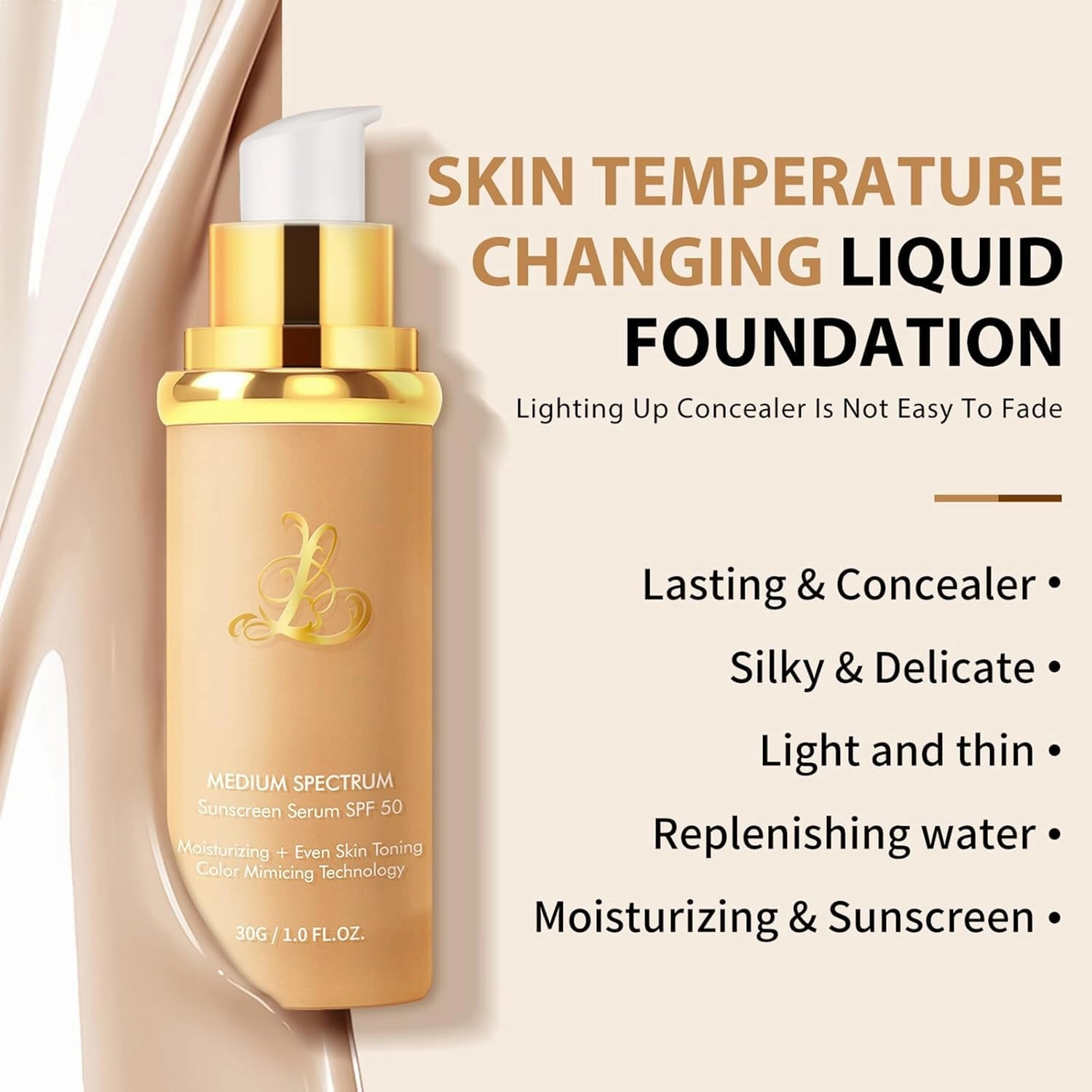 Foundation 4 In 1 Liquid Foundation, Long Lasting Waterproof, Spf 50 ,& Longwearing & Waterproof, Hydrating Color Changing Foundation Light Spectrum for Gym, Sport (2pc)