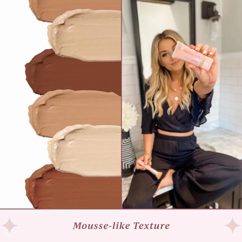 Foundation for Light to Full Coverage - Mousse Liquid Makeup Foundation for Uneven Skin Tone - Diverse Skin Types Mature, Dry, Oily - Oil-free, Cruelty-free (Tan)