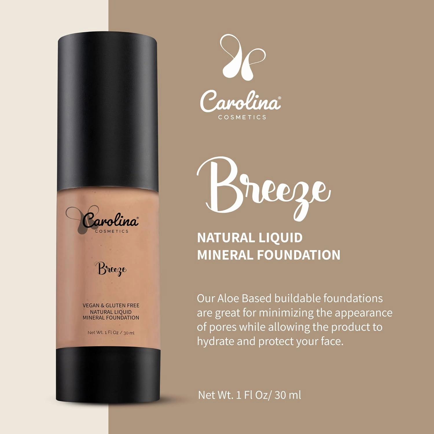 Foundation in Breeze Shade Plant-Based - Hydrating, Pore-Minimizing & Buildable Coverage - Vegan, Non-GMO, Paraben-Free - 1oz