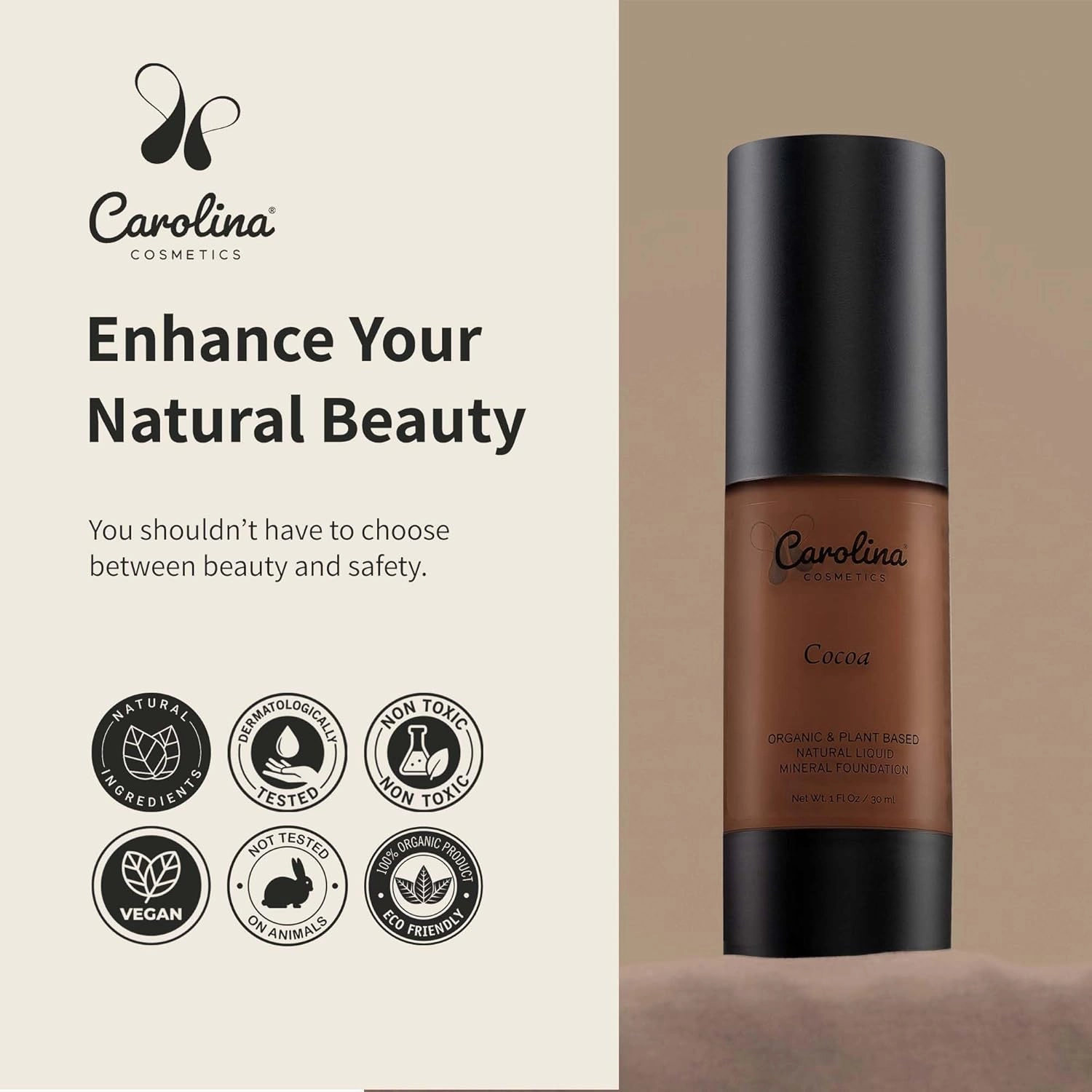 Foundation in Cocoa Shade Plant-Based - Hydrating, Pore-Minimizing & Buildable Coverage - Vegan, Non-GMO, Paraben-Free - 1oz
