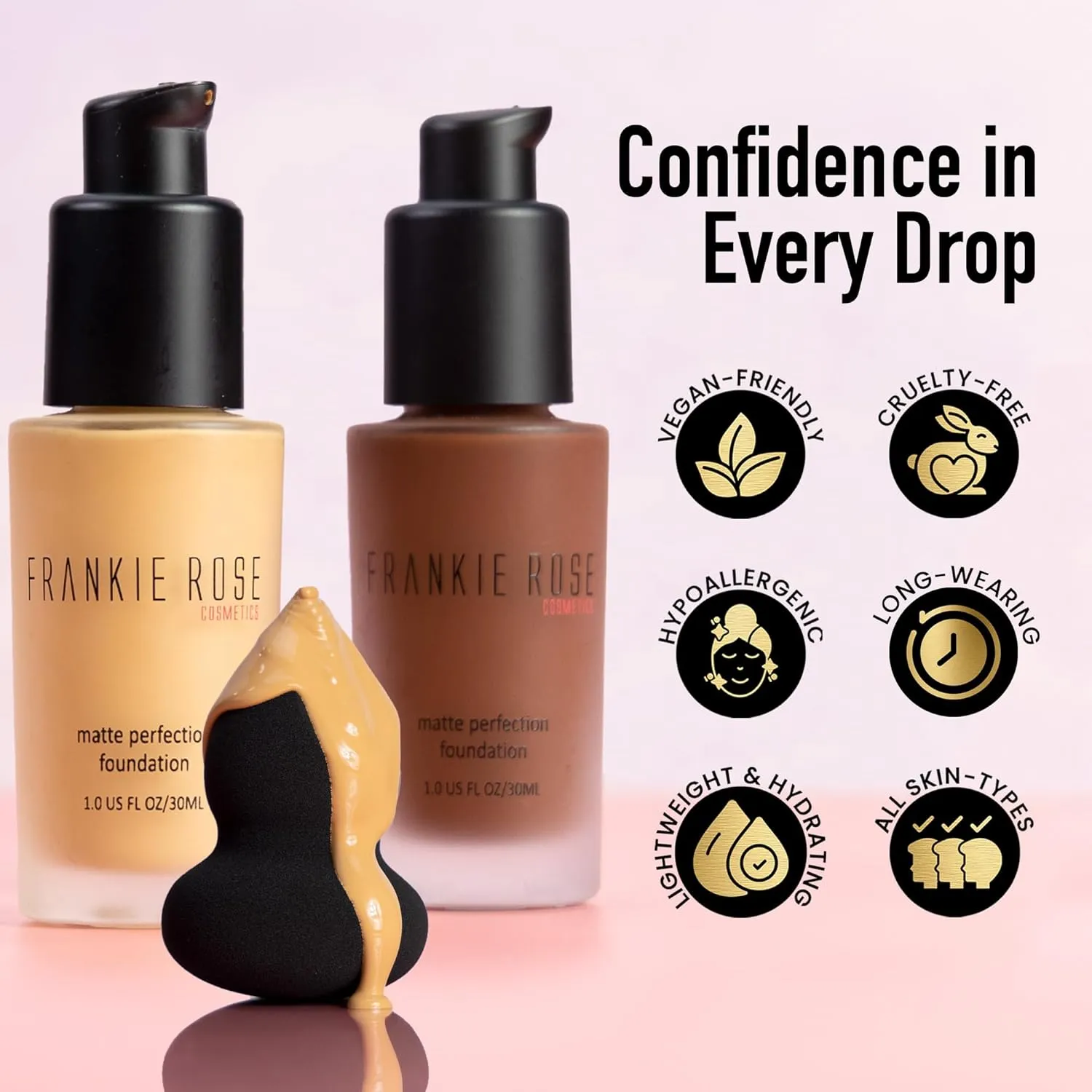 Frankie Rose Cosmetics Matte Perfection Foundation Makeup – Long-Lasting, Hydrating Foundation for Semi-Matte Finish - Foundation Full Coverage for All Skin Types - (China Silk) 1.0 US fl oz / 30 ml