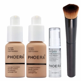 Full Coverage Makeup Set with 2x Foundation (105 Sand & 104 Buff Beige), Primer Gel & Applicator Brush - Complete Face Cosmetics Kit for Women