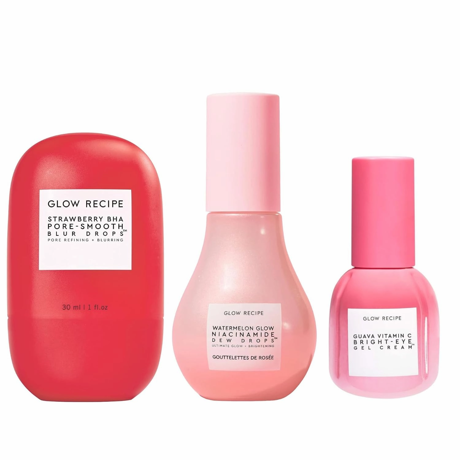 Glow Recipe Makeup Prep Trio - Strawberry BHA Pore Smooth Blur Drops (30ml) - Guava Vitamin C Bright-Eye Cream (15ml)   Watermelon Glow Niacinimide Dew Drops (40ml) - Vegan Skincare for Glowing Skin