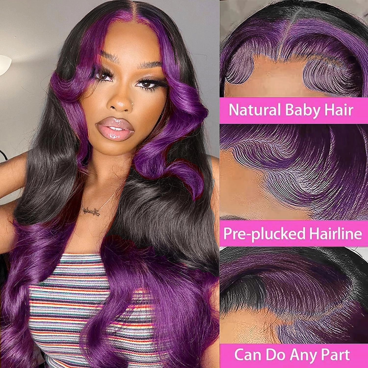 GOLDFINCH Skunk Stripe Wigs Human Hair Lace Front Purple Highlights Wig 13x4 HD Dark Burgundy Highlight Body Wave 150% Density Pre Plucked with Baby 24 Inch