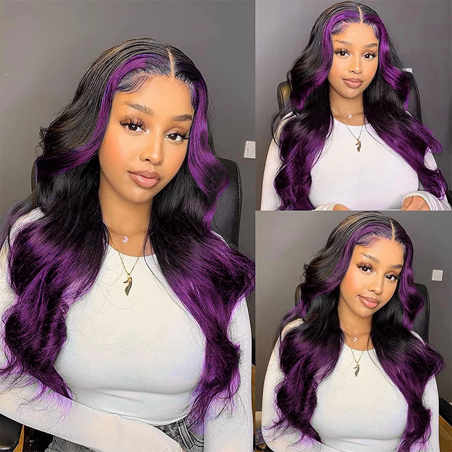 GOLDFINCH Skunk Stripe Wigs Human Hair Lace Front Purple Highlights Wig 13x4 HD Dark Burgundy Highlight Body Wave 150% Density Pre Plucked with Baby 24 Inch