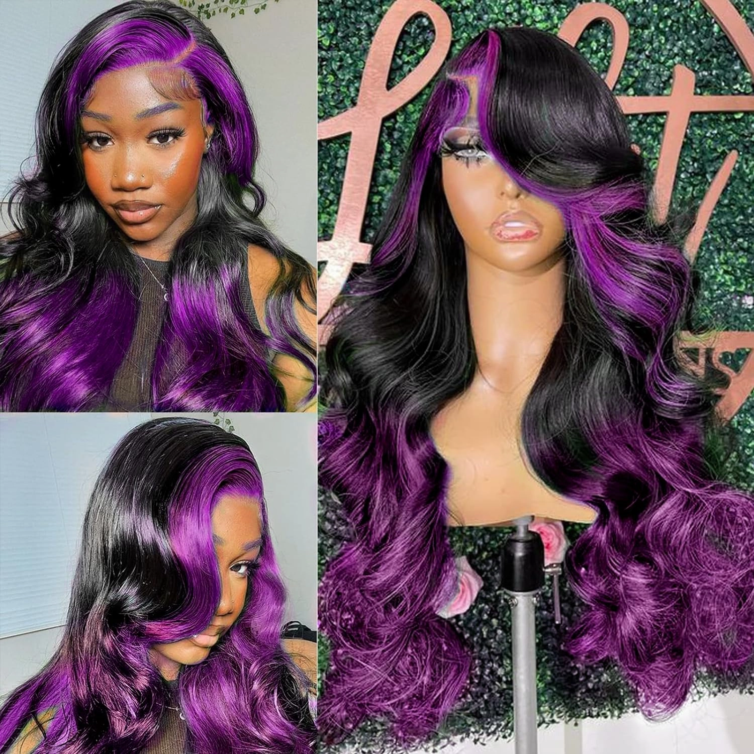 GOLDFINCH Skunk Stripe Wigs Human Hair Lace Front Purple Highlights Wig 13x4 HD Dark Burgundy Highlight Body Wave 150% Density Pre Plucked with Baby 24 Inch