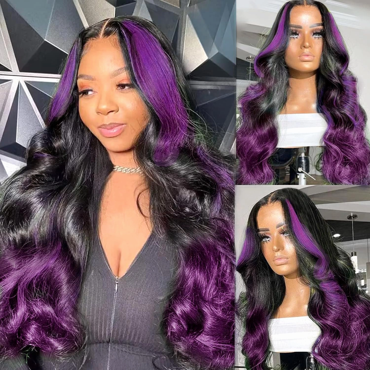 GOLDFINCH Skunk Stripe Wigs Human Hair Lace Front Purple Highlights Wig 13x4 HD Dark Burgundy Highlight Body Wave 150% Density Pre Plucked with Baby 24 Inch