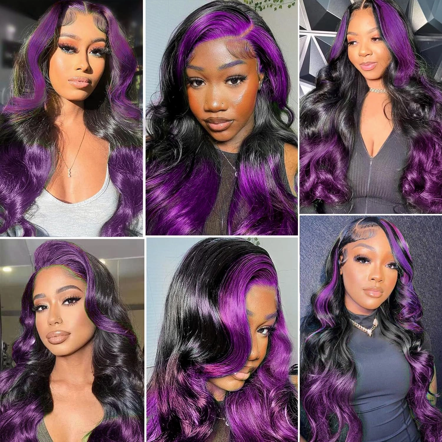 GOLDFINCH Skunk Stripe Wigs Human Hair Lace Front Purple Highlights Wig 13x4 HD Dark Burgundy Highlight Body Wave 150% Density Pre Plucked with Baby 24 Inch