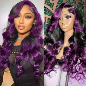 GOLDFINCH Skunk Stripe Wigs Human Hair Lace Front Purple Highlights Wig 13x4 HD Dark Burgundy Highlight Body Wave 150% Density Pre Plucked with Baby 24 Inch