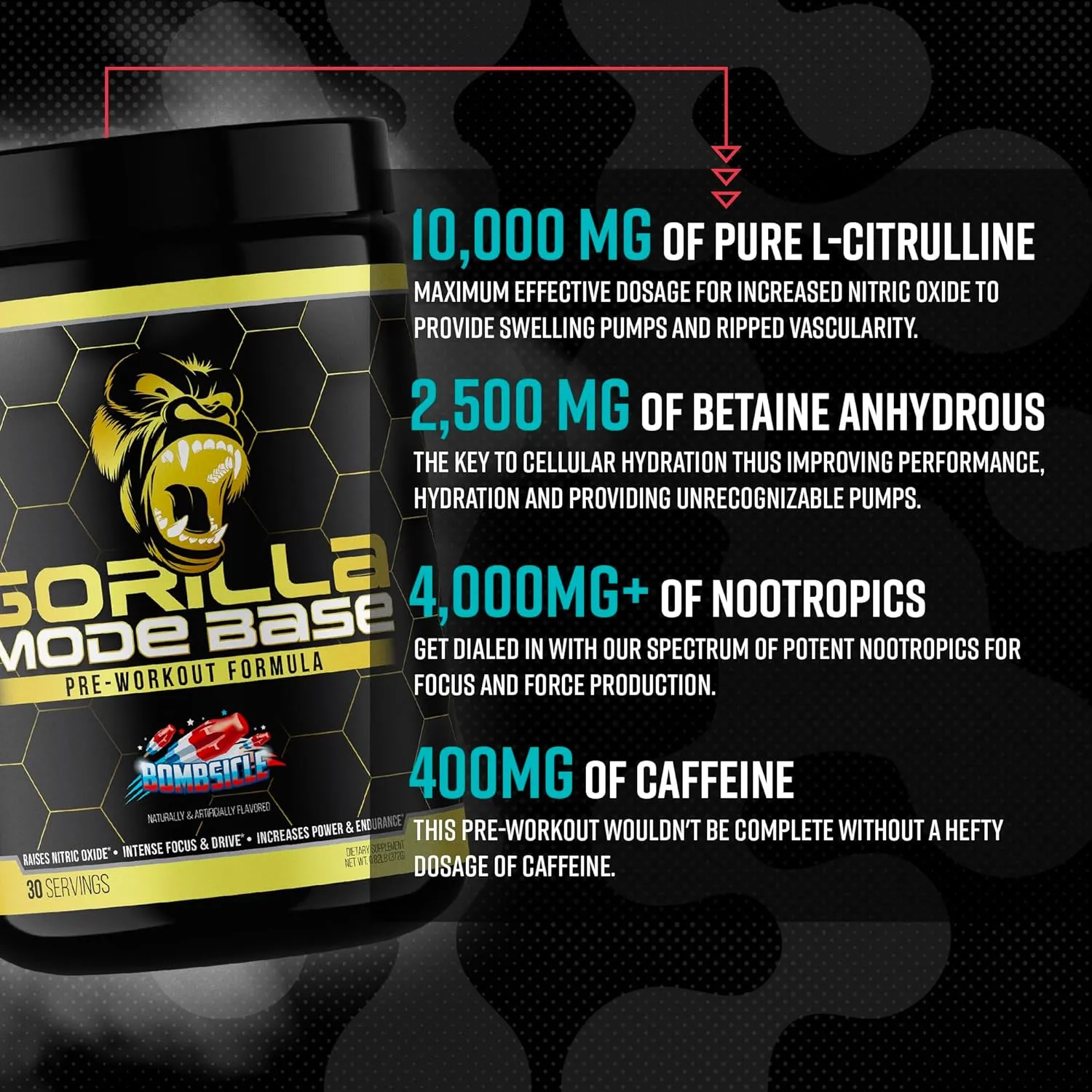 Gorilla Mind Base Pre Workout - Raises Nitric Oxide Intense Focus & Drive Endurance Power - L-Citrulline, L-Tyrosine, Betaine, Alpha-GPC, Caffeine, Huperzine A - 360 Grams (Blue Raspberry)