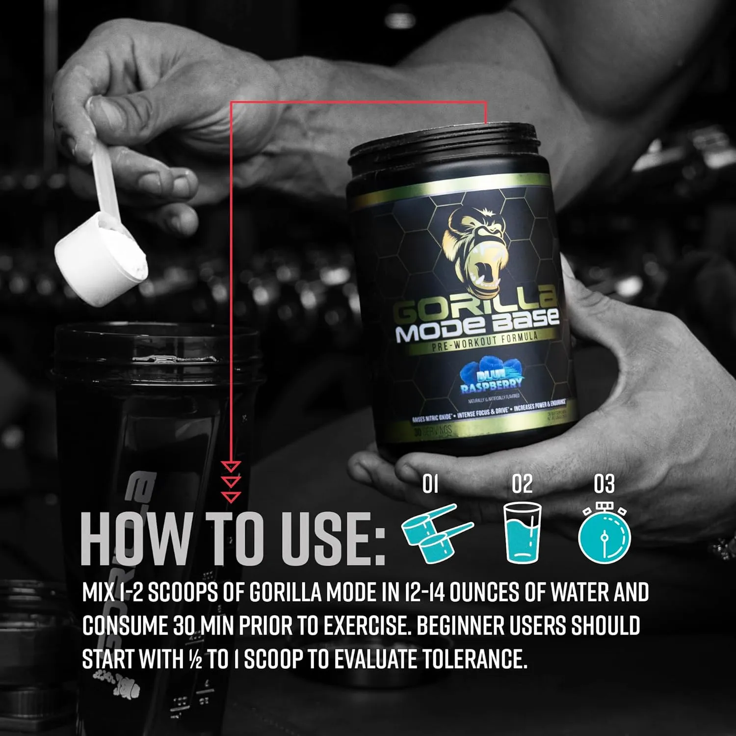 Gorilla Mind Base Pre Workout - Raises Nitric Oxide Intense Focus & Drive Endurance Power - L-Citrulline, L-Tyrosine, Betaine, Alpha-GPC, Caffeine, Huperzine A - 360 Grams (Blue Raspberry)