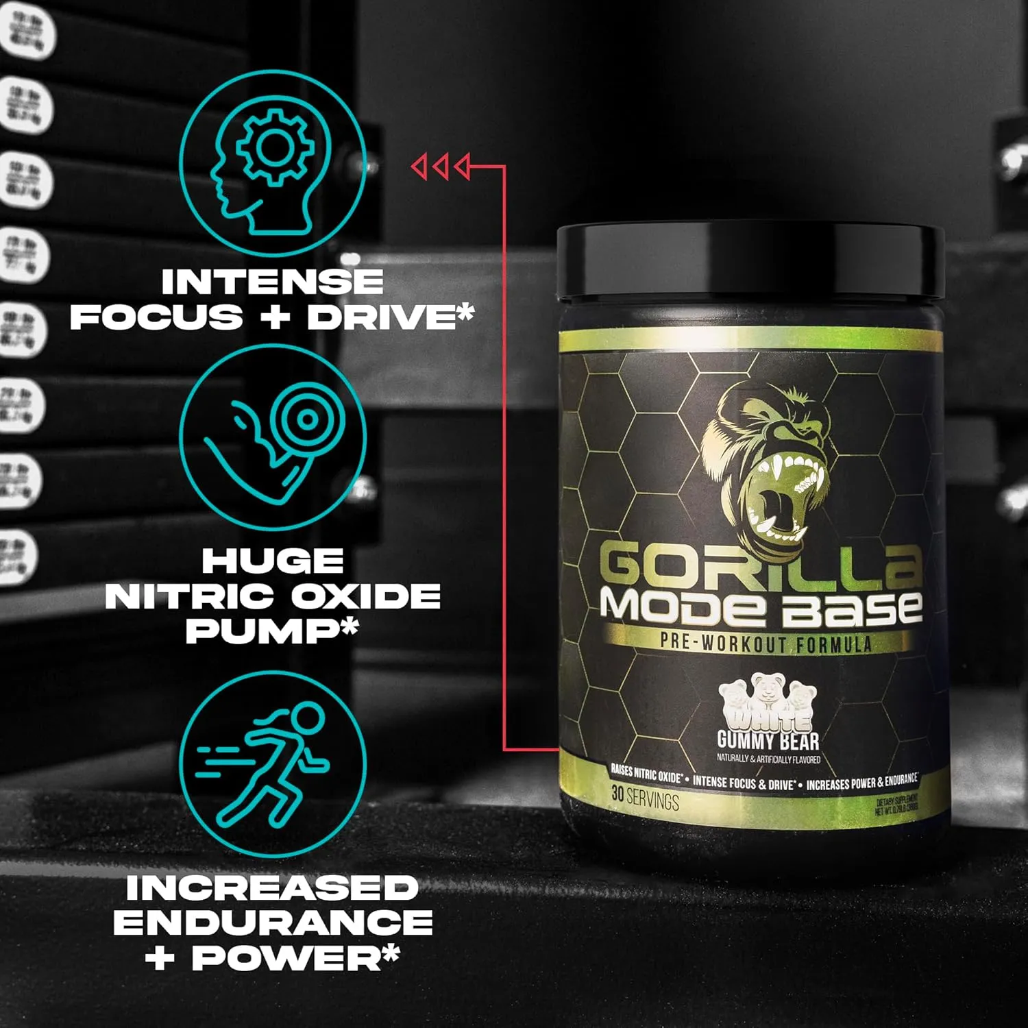 Gorilla Mind Base Pre Workout - Raises Nitric Oxide Intense Focus & Drive Endurance Power - L-Citrulline, L-Tyrosine, Betaine, Alpha-GPC, Caffeine, Huperzine A - 360 Grams (Blue Raspberry)