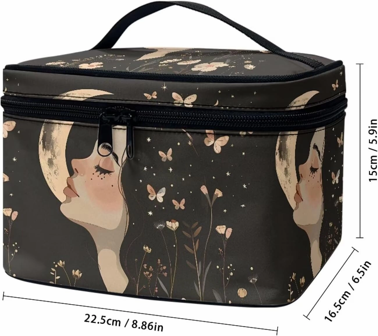 Goth Makeup Bag for Women Star and Moon cosmetic bag with handle on top Black Makeup Organizer Bag with Brush Storage Large Capacity Toiletry Bag for Women Aesthetic Skincare Bag Organizer