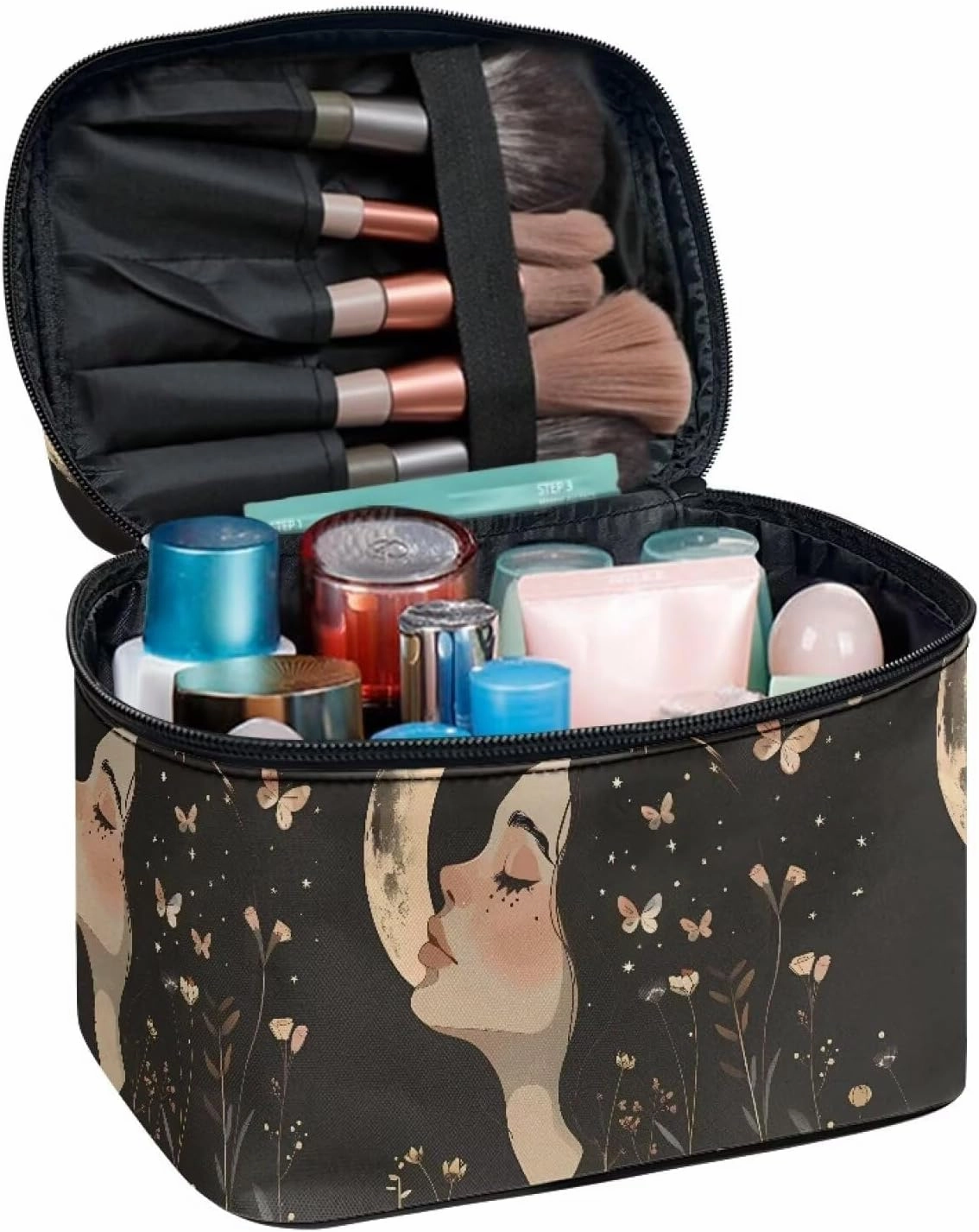 Goth Makeup Bag for Women Star and Moon cosmetic bag with handle on top Black Makeup Organizer Bag with Brush Storage Large Capacity Toiletry Bag for Women Aesthetic Skincare Bag Organizer