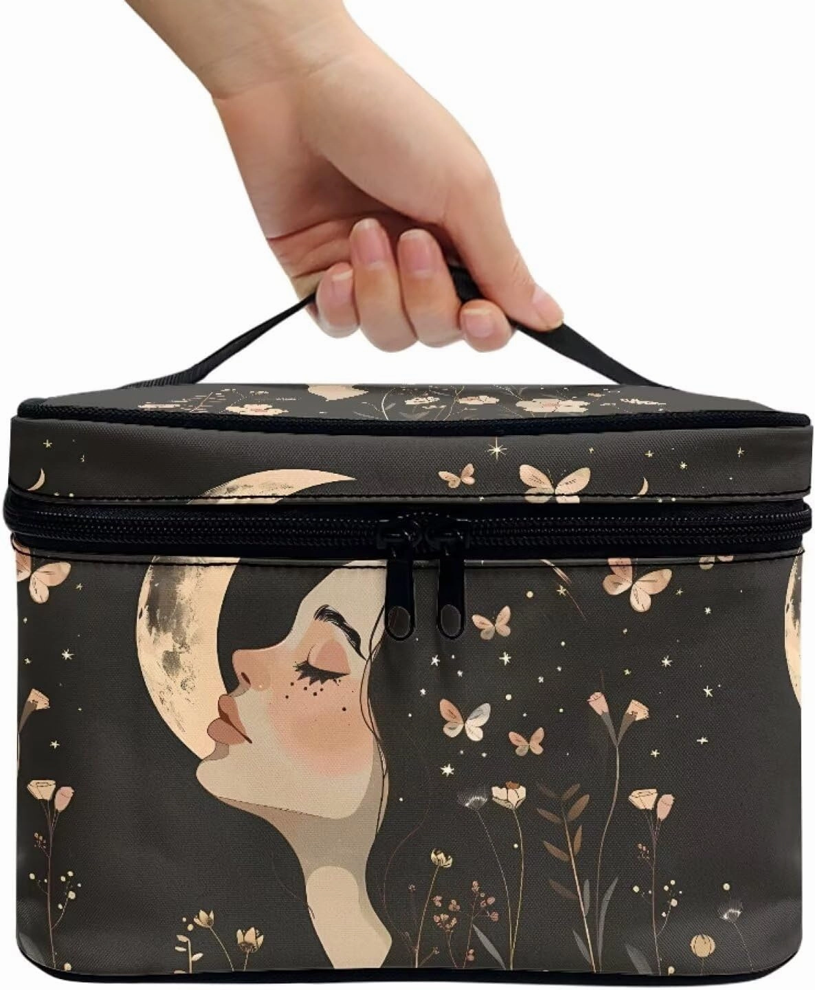 Goth Makeup Bag for Women Star and Moon cosmetic bag with handle on top Black Makeup Organizer Bag with Brush Storage Large Capacity Toiletry Bag for Women Aesthetic Skincare Bag Organizer