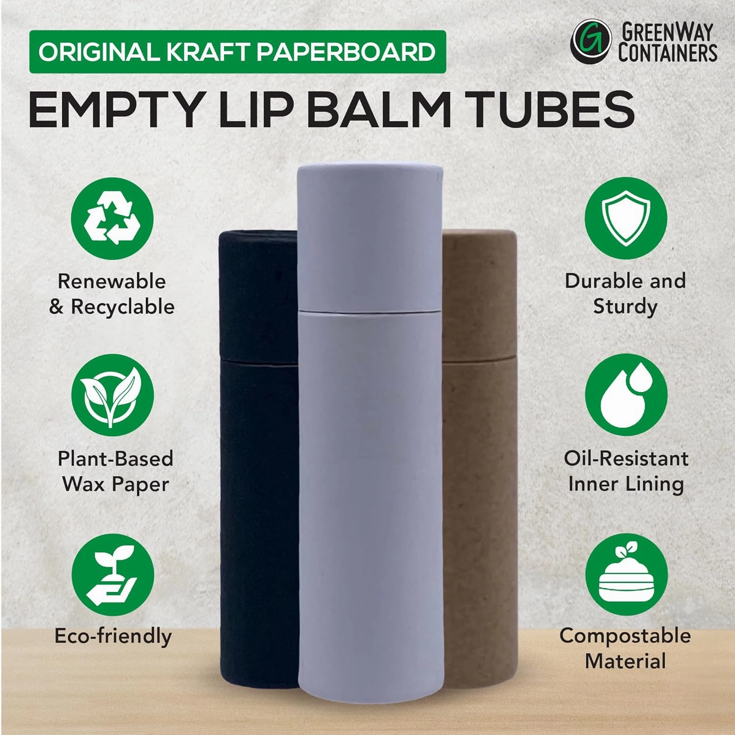 GreenWay 0.3oz / 8.5g Kraft Paperboard Lip Balm Tubes with Lids - 25 Pack Lip Gloss Tubes Refillable DIY Cosmetic Containers - Lip Balm Containers Chapstick Empty Holder - Black