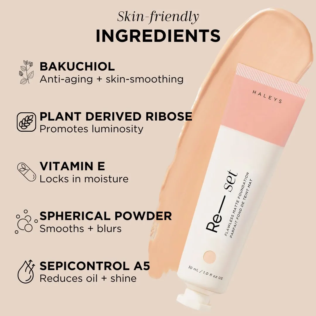 HALEYS Re-set Full Coverage Matte Foundation, VEGAN   CRUELTY-FREE, Oil-Free Liquid Foundation with Double-Dose Pigments for Long-Lasting, Smooth, Natural Finish for Sensitive, Acne-Prone Skin (4.3)