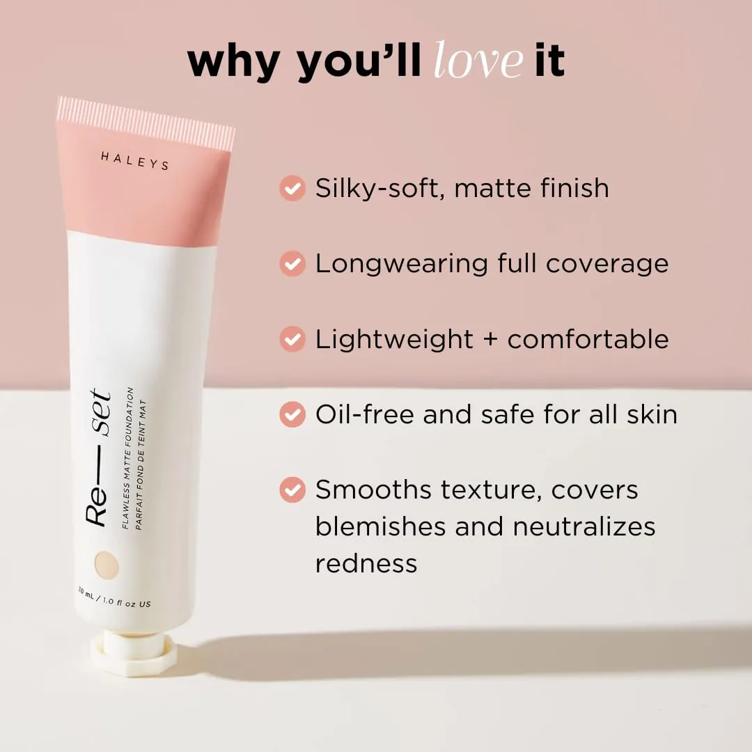 HALEYS Re-set Full Coverage Matte Foundation, VEGAN   CRUELTY-FREE, Oil-Free Liquid Foundation with Double-Dose Pigments for Long-Lasting, Smooth, Natural Finish for Sensitive, Acne-Prone Skin (4.3)