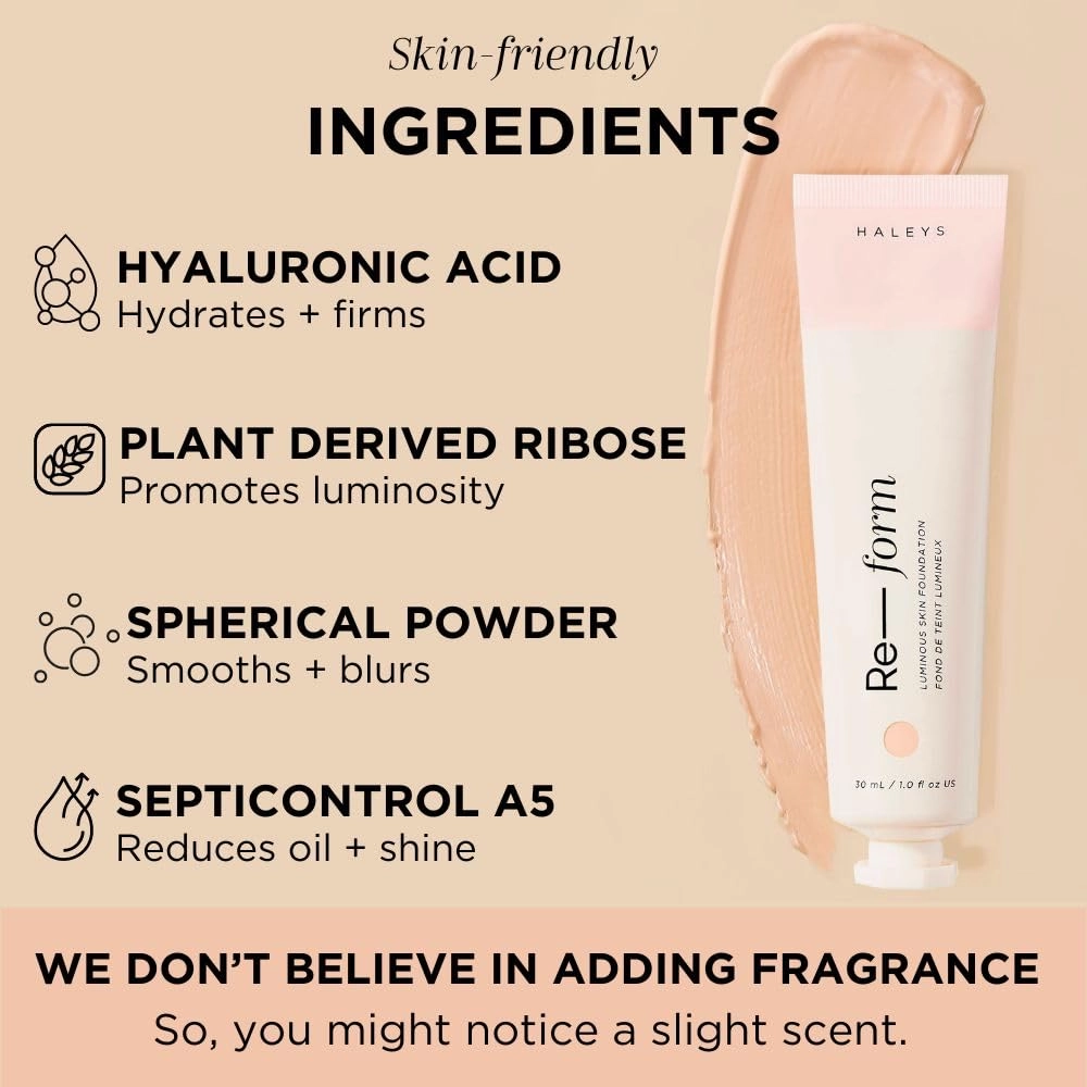 HALEYS Re-form Luminous Skin Foundation, VEGAN   CRUELTY-FREE, Blurs, Conceals, Blendable, Buildable Med-to-Full Coverage, Weightless, Oil-free, All-Day Wear, Hyaluronic Acid, All skin types (7.0)