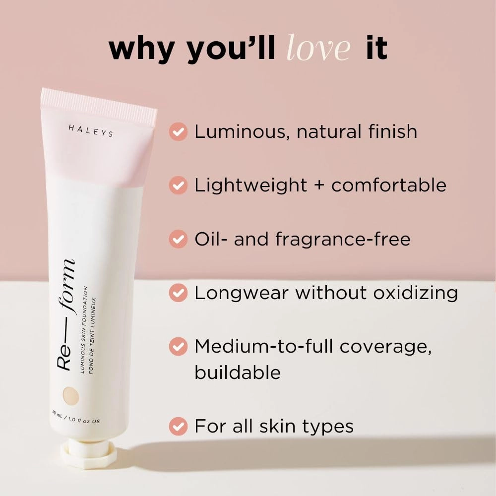HALEYS Re-form Luminous Skin Foundation, VEGAN   CRUELTY-FREE, Blurs, Conceals, Blendable, Buildable Med-to-Full Coverage, Weightless, Oil-free, All-Day Wear, Hyaluronic Acid, All skin types (7.0)