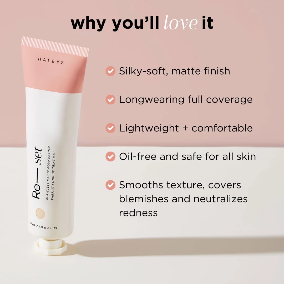 HALEYS Re-set Full Coverage Matte Foundation, VEGAN   CRUELTY-FREE, Oil-Free Liquid Foundation with Double-Dose Pigments for Long-Lasting, Smooth, Natural Finish for Sensitive, Acne-Prone Skin (6.5)