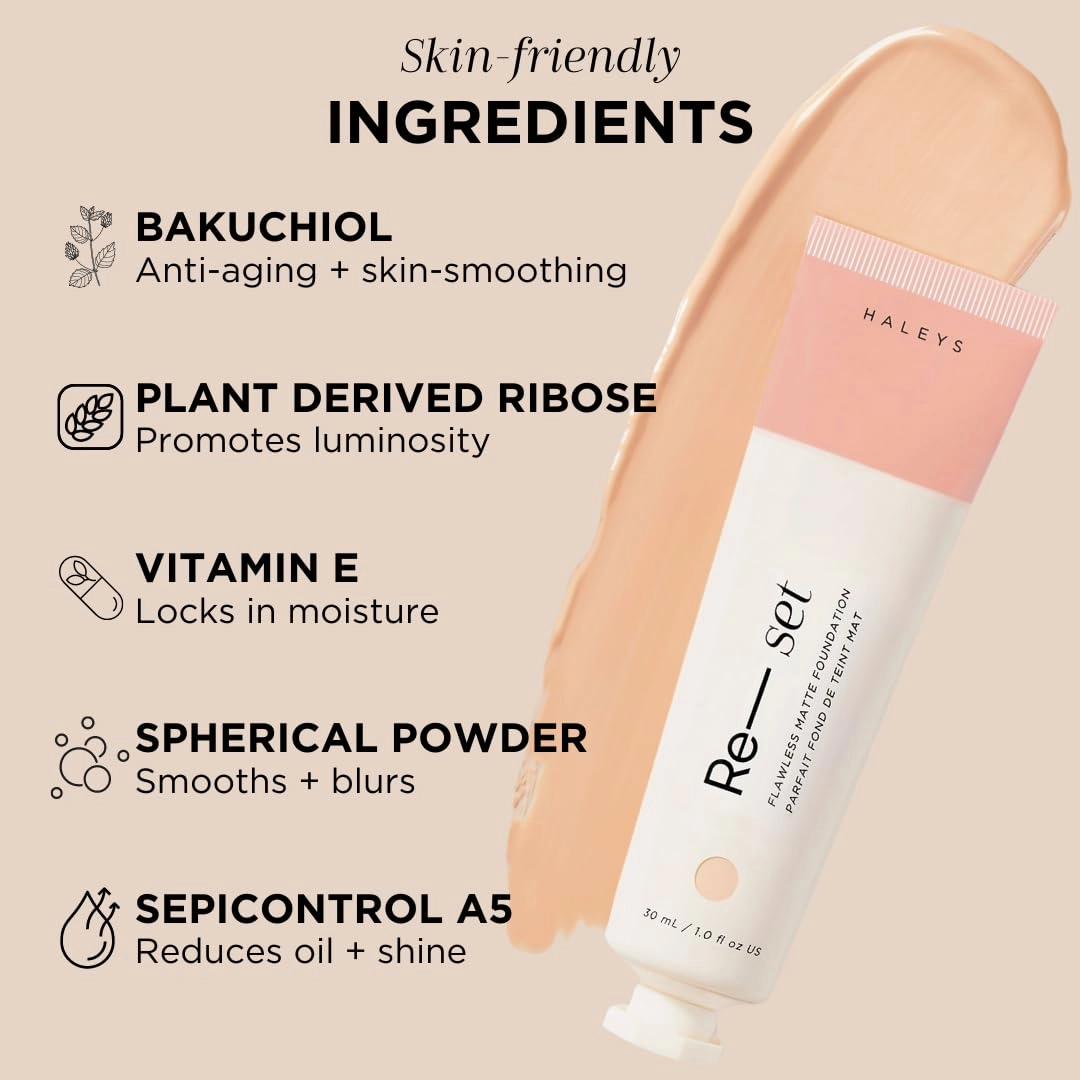 HALEYS Re-set Full Coverage Matte Foundation, VEGAN   CRUELTY-FREE, Oil-Free Liquid Foundation with Double-Dose Pigments for Long-Lasting, Smooth, Natural Finish for Sensitive, Acne-Prone Skin (6.5)