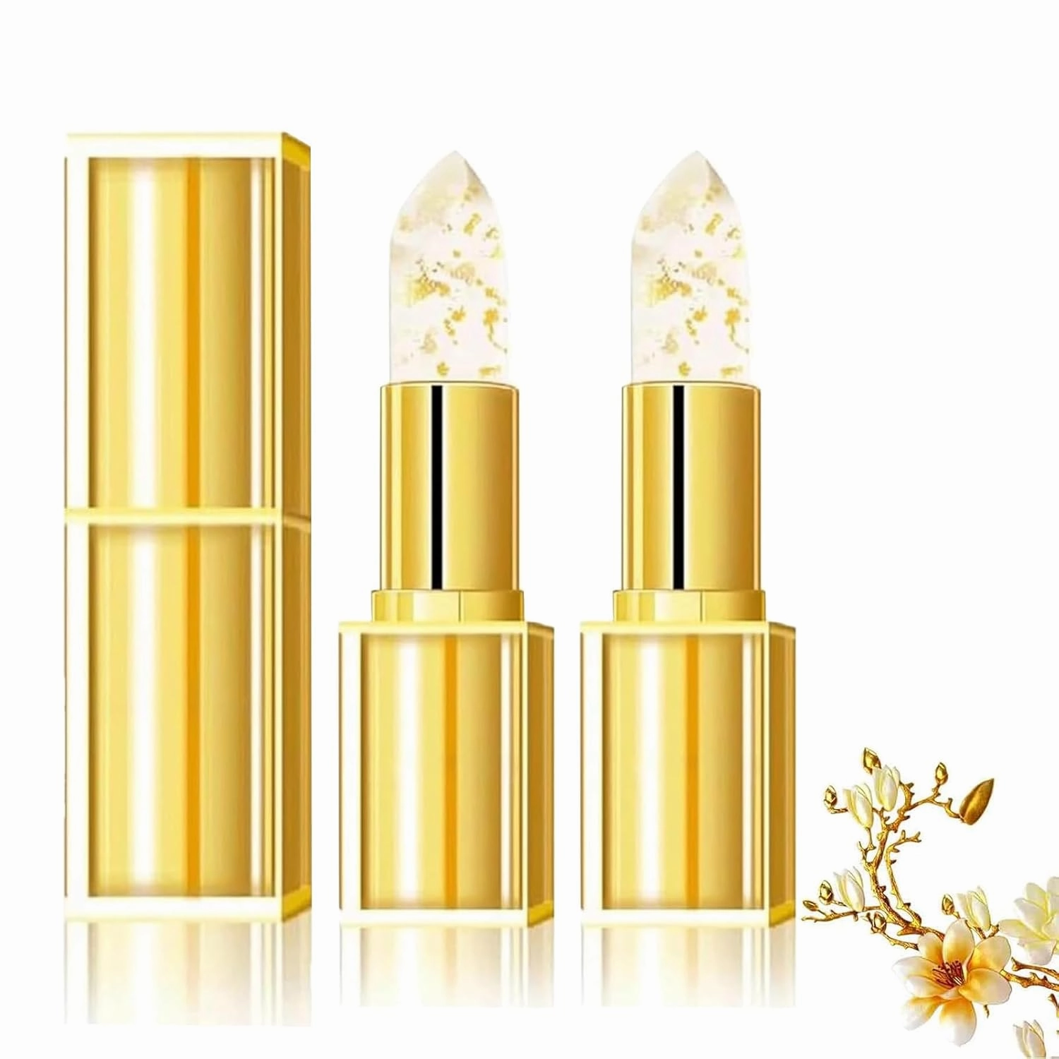 Hardpointing Color Changing Lipstick, Beneficial Lip Stain, Gold Crystal Transferproof Color Changing Lipsticks, Long Lasting 24 Hours Moisturizing Glossy Shine Lip Gloss (Gold, 2Pcs)