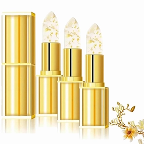 Hardpointing Color Changing Lipstick, Beneficial Lip Stain, Gold Crystal Transferproof Color Changing Lipsticks, Long Lasting 24 Hours Moisturizing Glossy Shine Lip Gloss (Gold, 3Pcs)