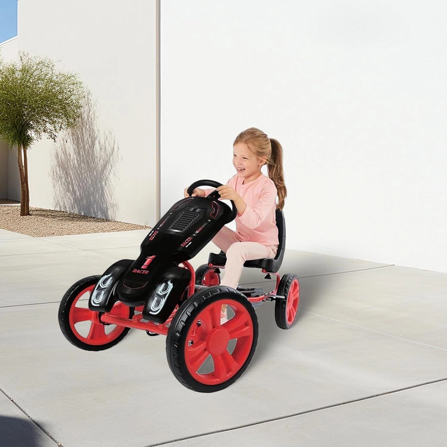 Hauck Speedster Pedal Go Kart with Adjustable Bucket Seat for Kids Ages 4 to 8, Black/Red