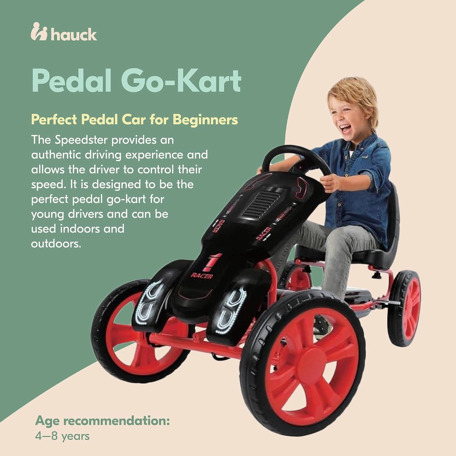 Hauck Speedster Pedal Go Kart with Adjustable Bucket Seat for Kids Ages 4 to 8, Black/Red