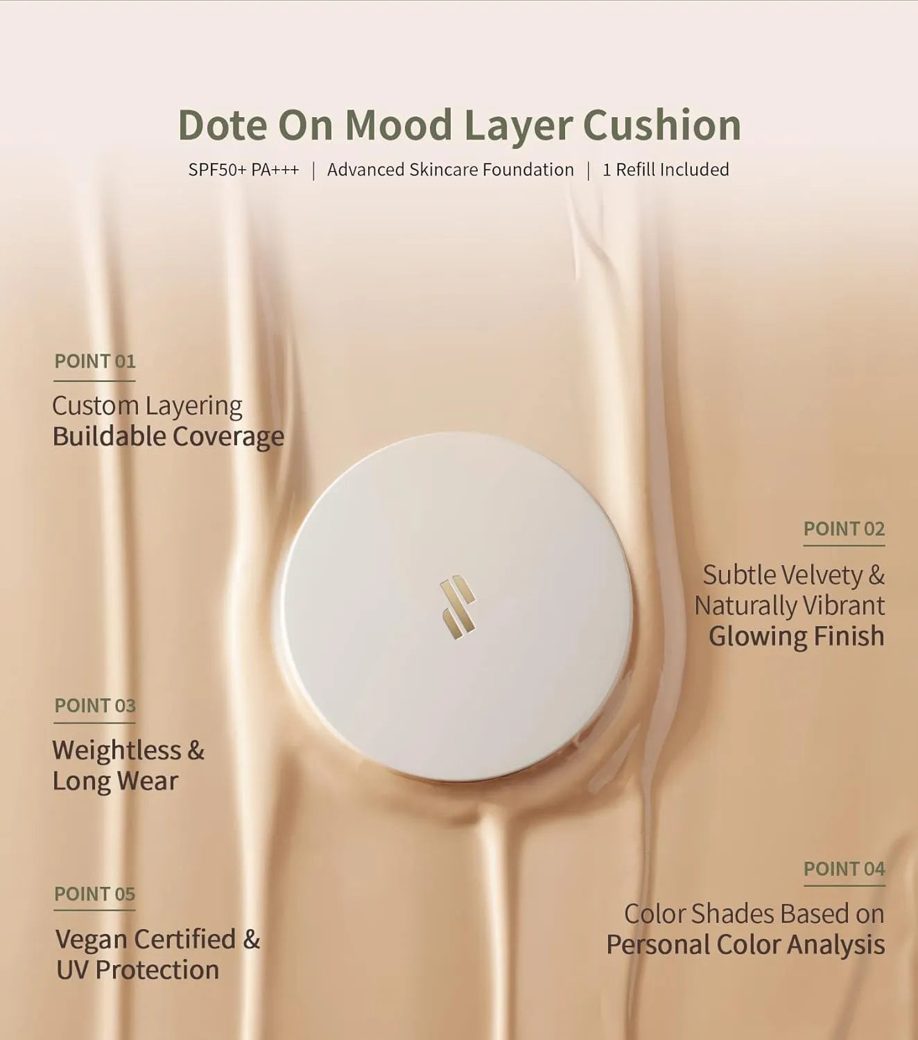 Heart Percent Dote on Mood Layer Cushion SPF 50 /PA    with Refill, Satin Glow Silky Flawless Finish Full Coverage Advanced Skincare Foundation (#21Y)