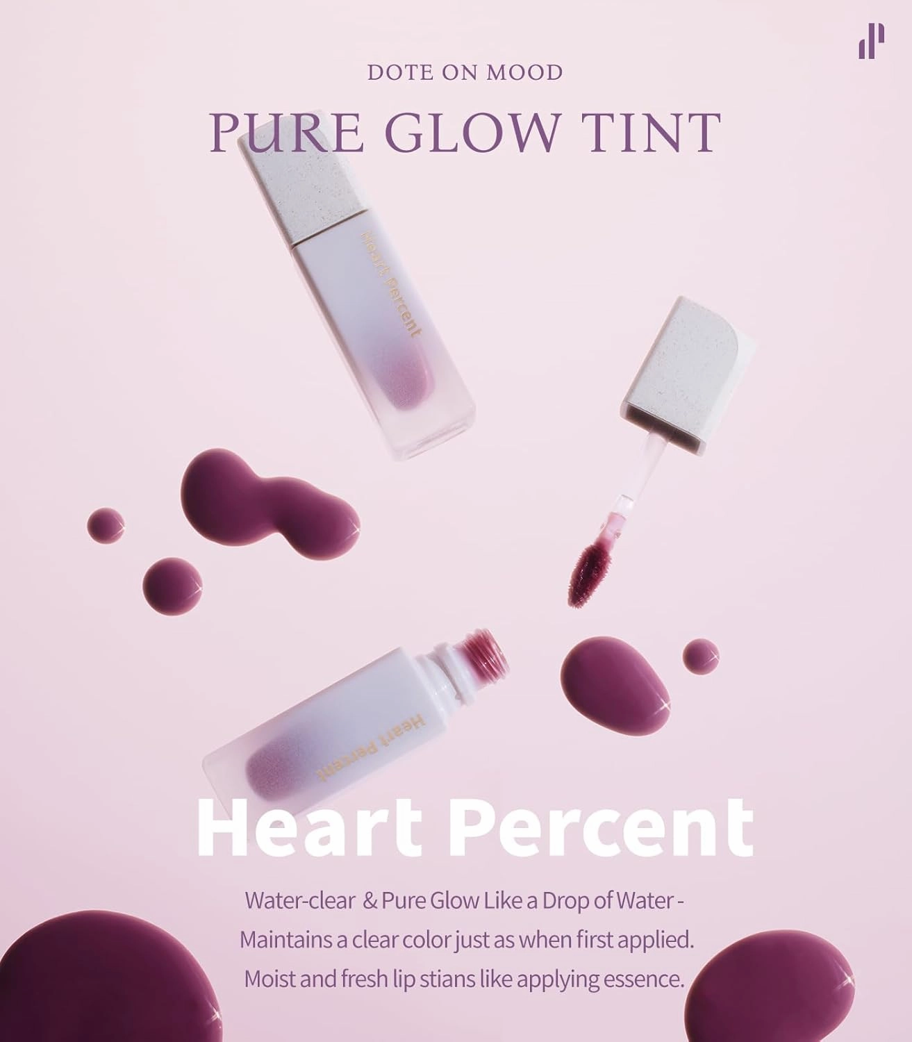 Heart Percent Dote On Mood Pure Glow Tint, Watery & Lightweight Moisturizing Lip Stain Long Lasting Liquid Lipstick 6.8g, #10. Fuchsia Pink