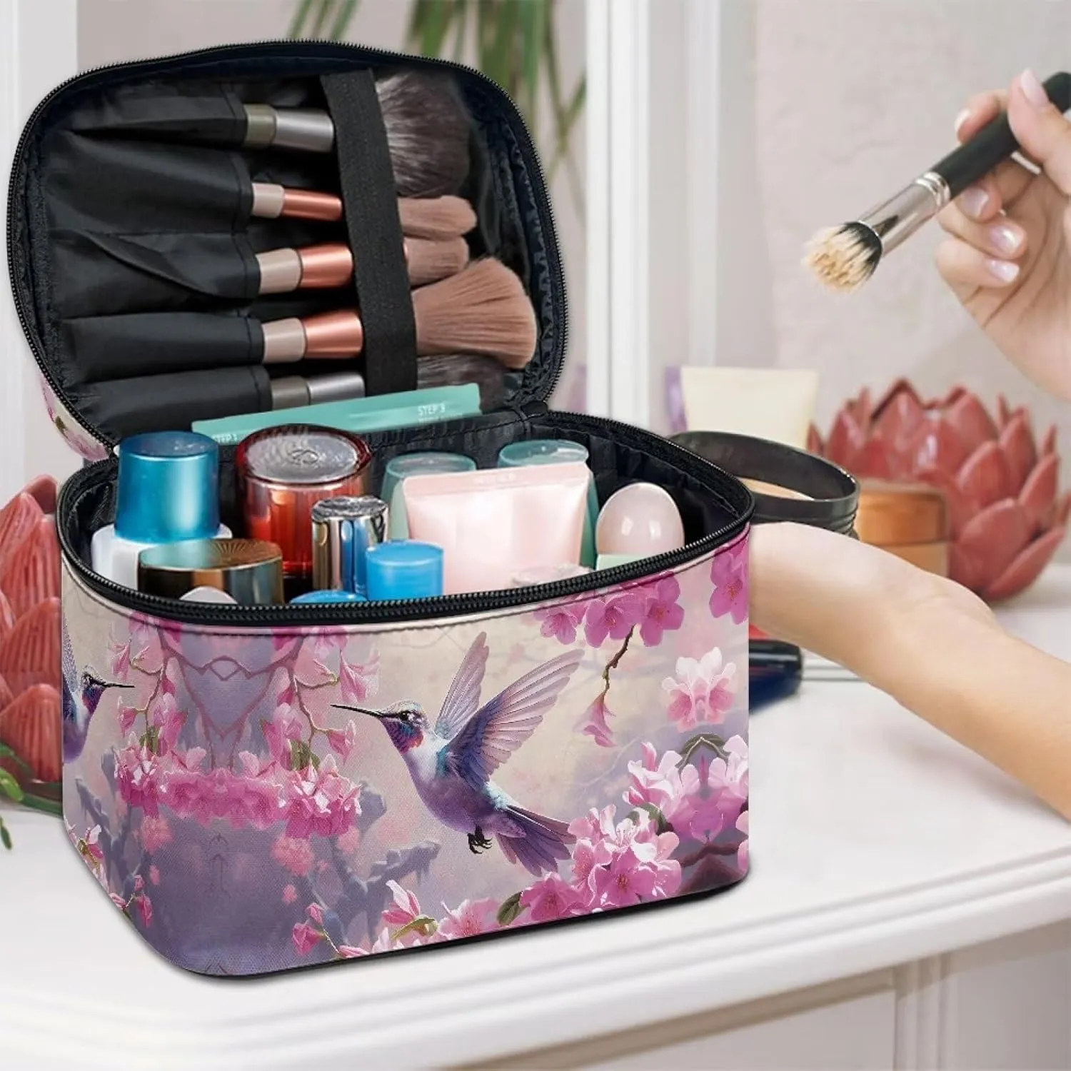 Hummingbird Makeup Bag for Women Pink Cosmetic Travel Bag with Handle Cute Travel Toiletry Bag for Women Makeup and Skincare Organizer Travel Case Travel Accessories for Women Toiletry Items