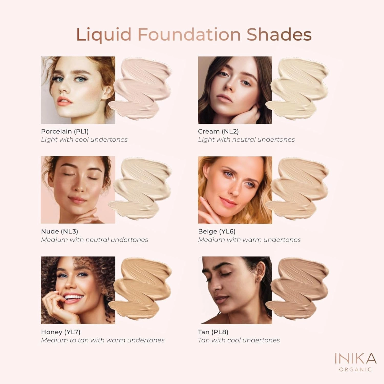 INIKA Organic Full Coverage Liquid Foundation Makeup with Hyaluronic Acid and Argan Oil, Vegan and Organic Foundation for Skin Elasticity and Plumpness, Natural Coverage, Cream, 30ml
