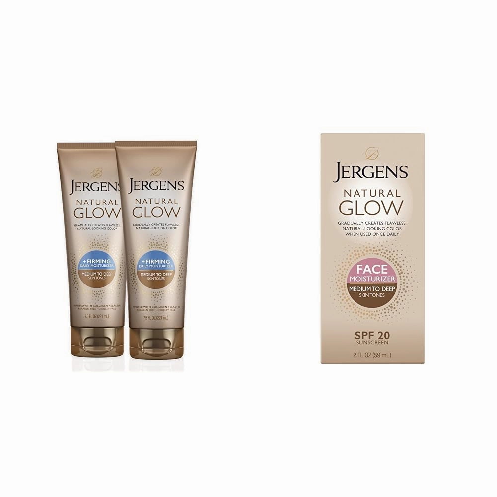 Jergens Natural Glow  FIRMING Self Tanner Body Lotion, Medium to Tan Skin Tone & Natural Glow Self Tanner Face Moisturizer, SPF 20 Facial Sunscreen