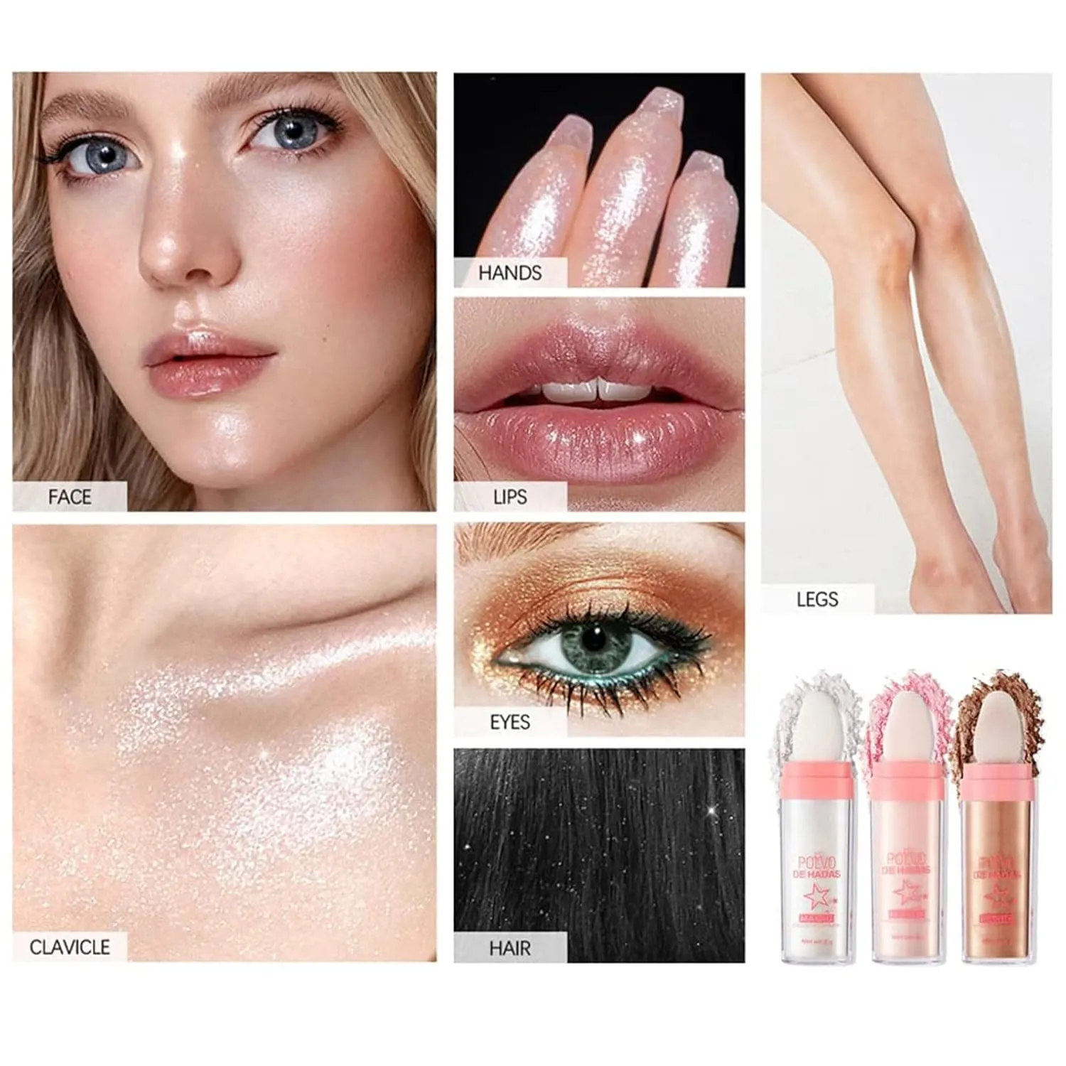 Kayswang Body Glitter Powder Stick Face highlights Shimmer Face and Body Highlighter Powder with Sponge Head, Magic Colour Shiner Powder for Face Body, Arms, Collarbones and Leg (3PC)
