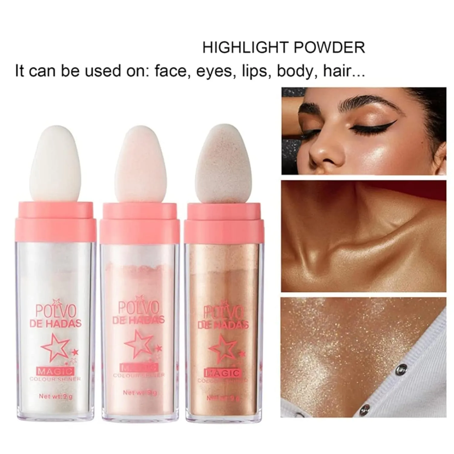 Kayswang Body Glitter Powder Stick Face highlights Shimmer Face and Body Highlighter Powder with Sponge Head, Magic Colour Shiner Powder for Face Body, Arms, Collarbones and Leg (3PC)