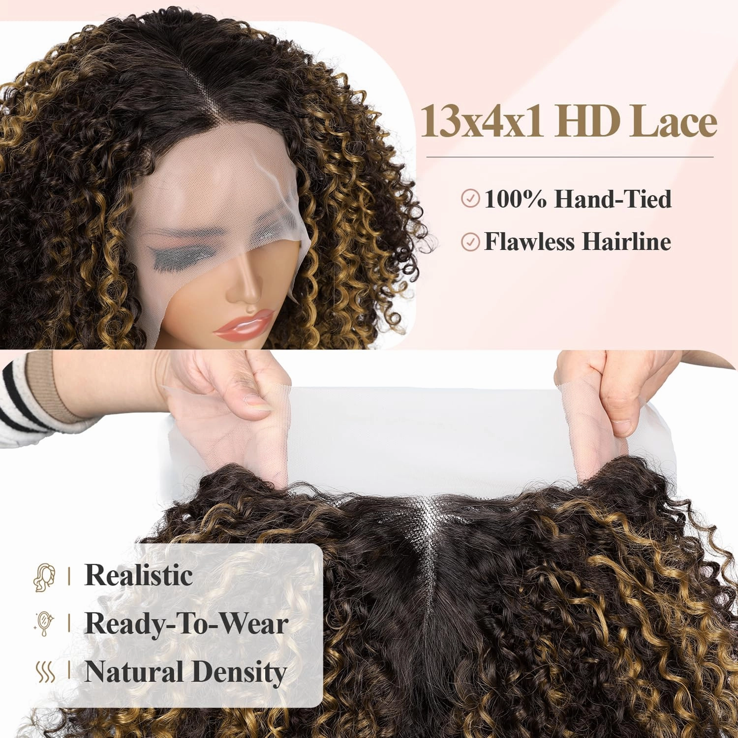 Kinky Curly Bob Wig 13x4x1 Inch HD Lace Front T Part Wig for Black Women Short Synthetic Highlight Brown Afro Coily Wigs Natural Hairstyle(Highlight Brown,15 Inches)