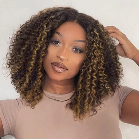 Kinky Curly Bob Wig 13x4x1 Inch HD Lace Front T Part Wig for Black Women Short Synthetic Highlight Brown Afro Coily Wigs Natural Hairstyle(Highlight Brown,15 Inches)