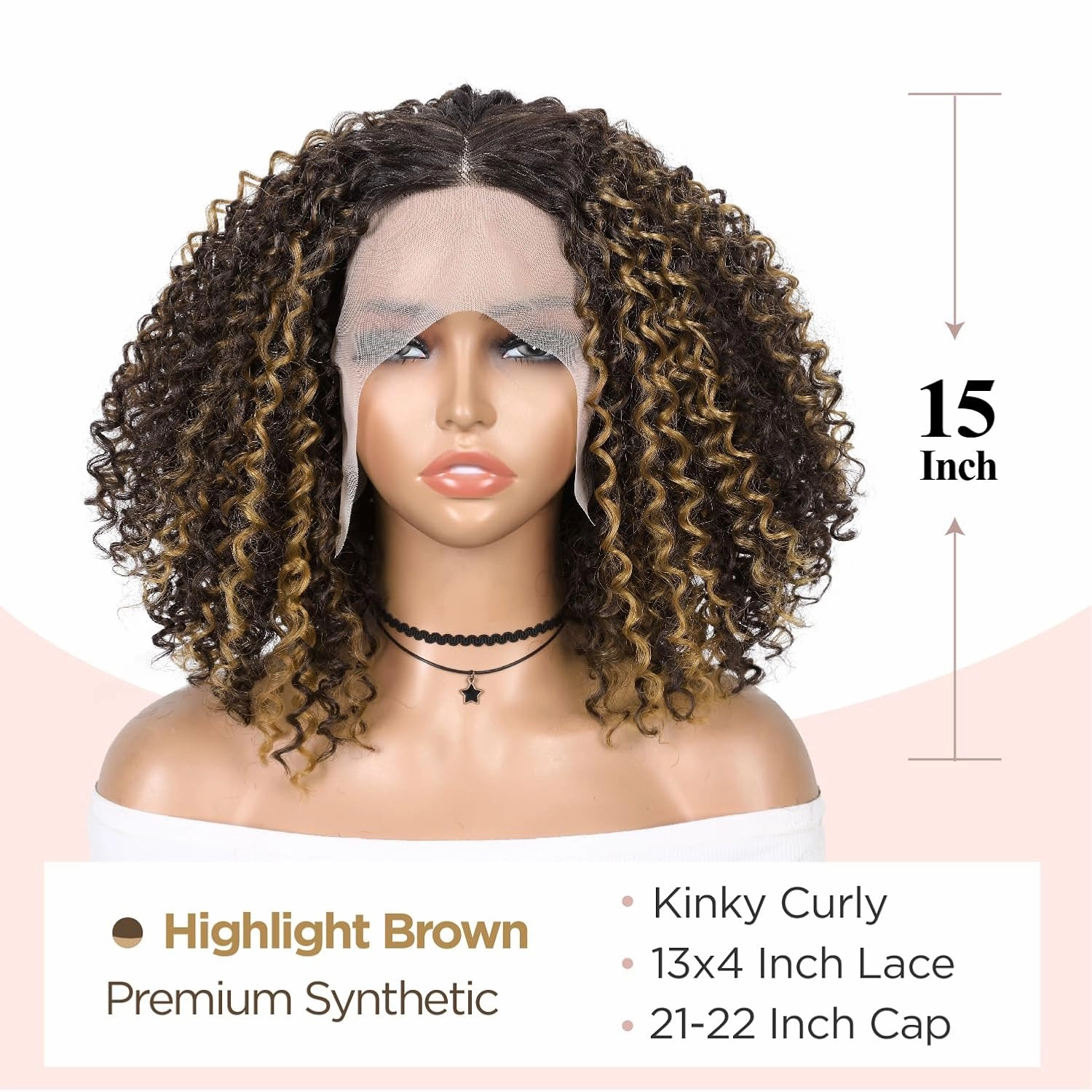 Kinky Curly Bob Wig 13x4x1 Inch HD Lace Front T Part Wig for Black Women Short Synthetic Highlight Brown Afro Coily Wigs Natural Hairstyle(Highlight Brown,15 Inches)
