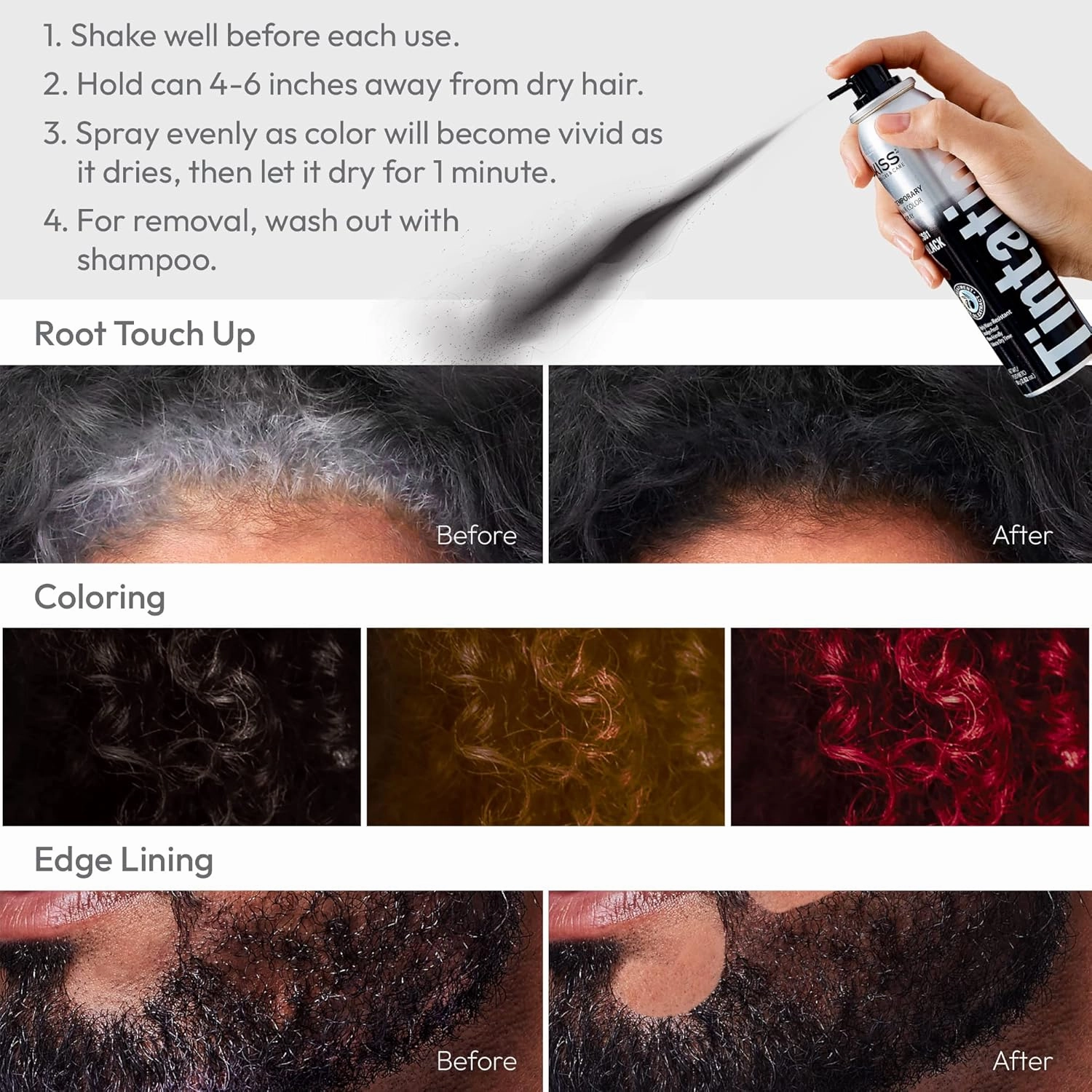 Kiss Gray Hair Concealer - Temporary Tintation Color Spray for Root Touch Up and Hair Dye 2.82 oz. 2 PACK (Black)