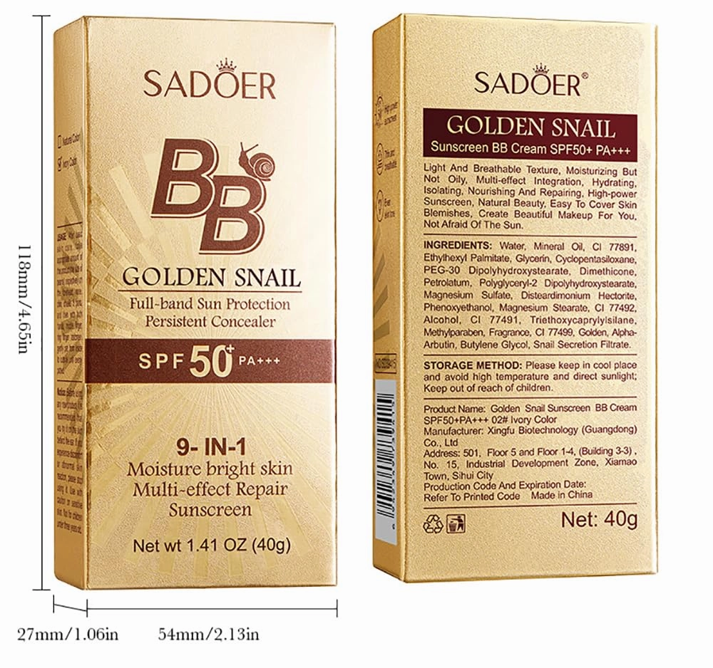 Korean BB Cream with SPF 50 PA    , Gold Snail Full Band Sun Protection Persistent Concealer, 9 in 1 Moisture Bright Skin Multi Effect Repair Sunscreen (Natural Ivory)