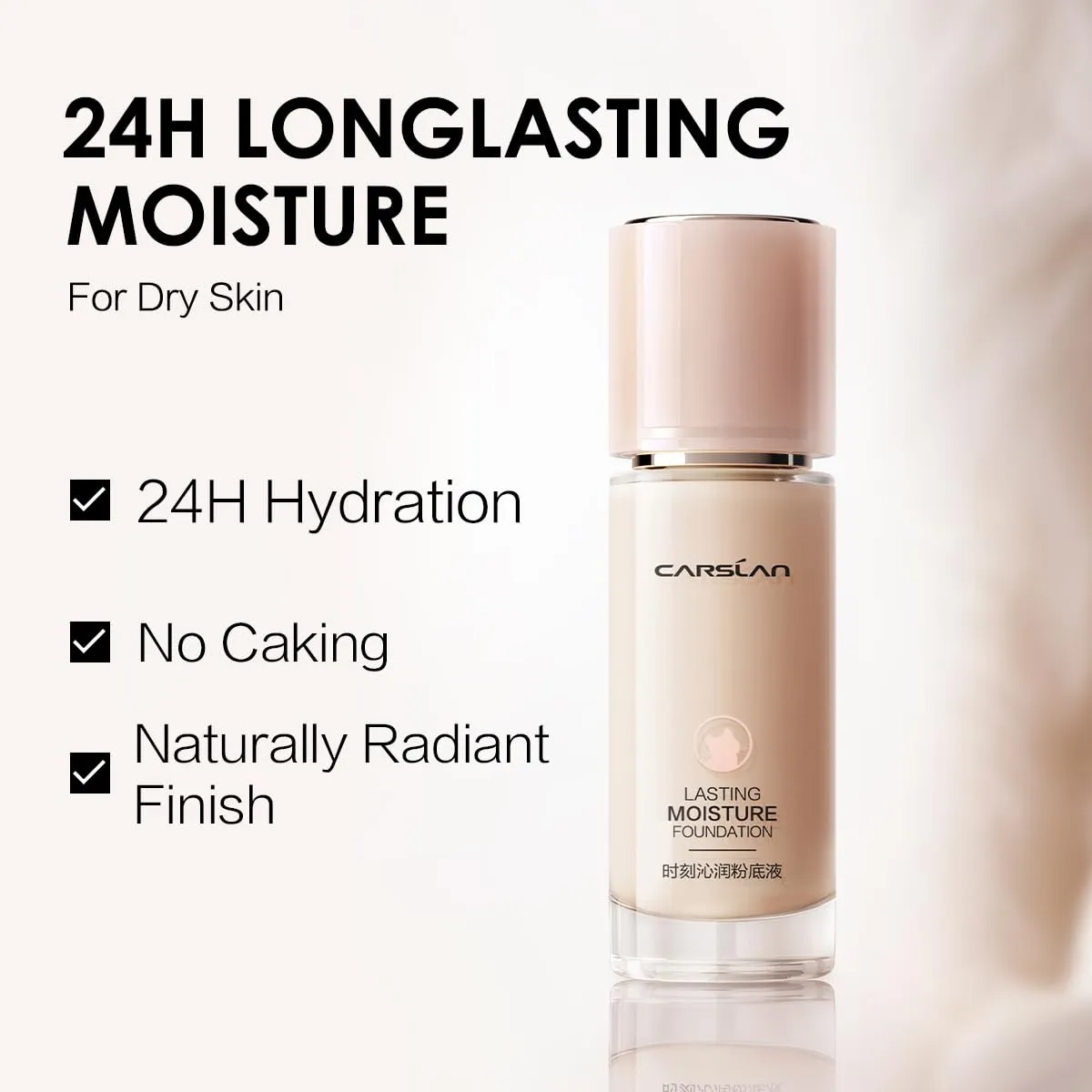 Lasting Moisture Foundation, 24H Longlasting Medium Coverage Dewy Finish Face Makeup, Poreless, Lightweight, Hydrating Liquid Foundation For Dry Skin, W01