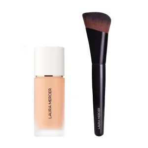 Laura Mercier Real Flawless Weightless Perfecting Waterproof Liquid Foundation: Medium-Buildable Coverage, 12 HR Fade-Proof Wear, Hydrating, Non-Comedogenic, 2C1 Ecru   Foundation Brush Bundle